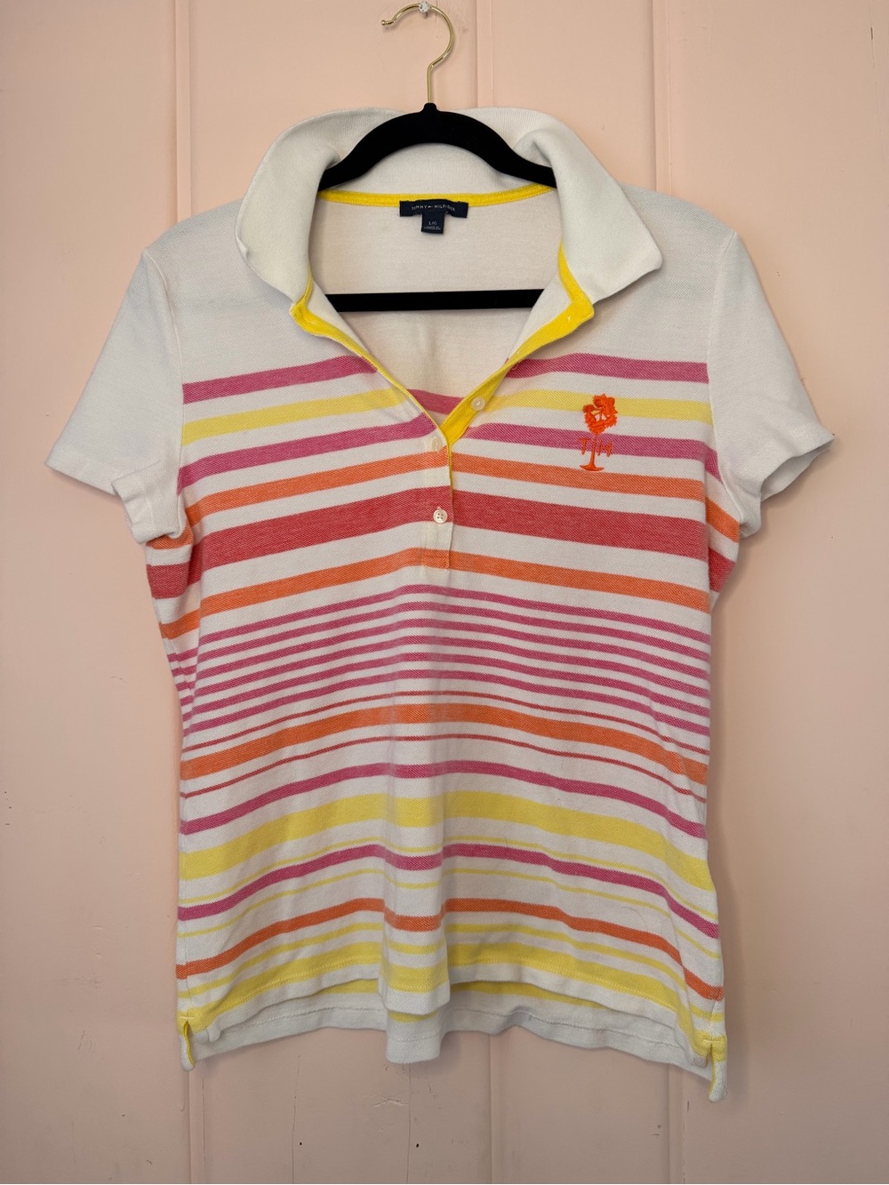 Tommy Hilfiger Striped Polo Shirt with Tropical Embroidered Logo SzLarge
